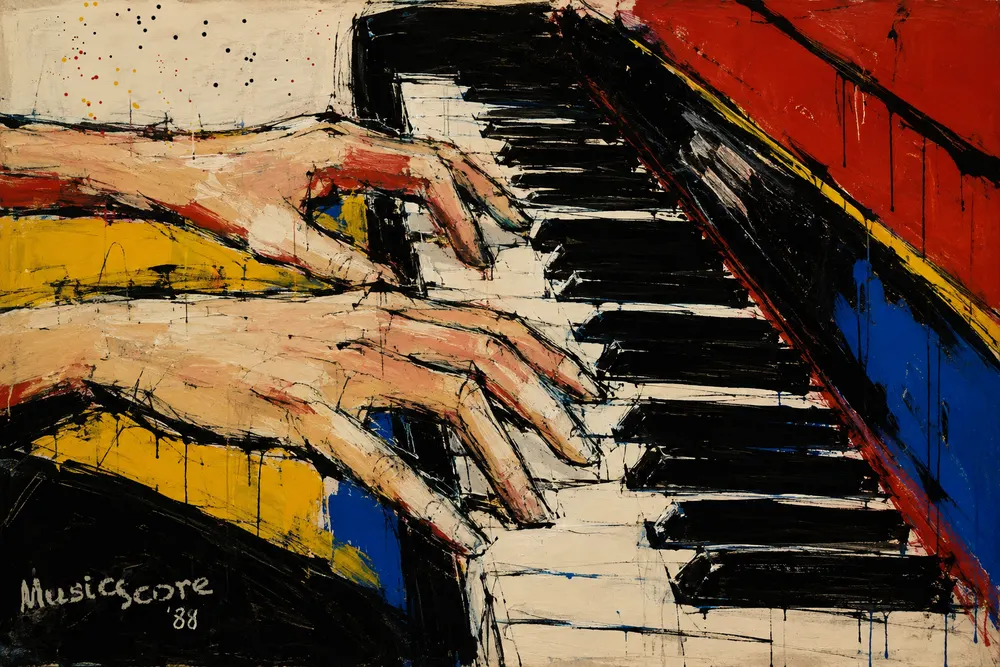 Schilderij van twee handen op de pianotoetsen, gesigneerd MusicScore '88